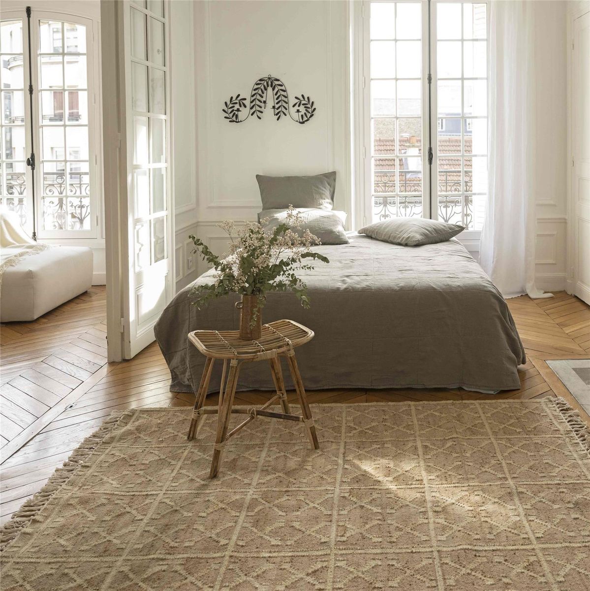 Tapis Rectangulaire en Jute et Coton Tressés à Motifs Croix Sable