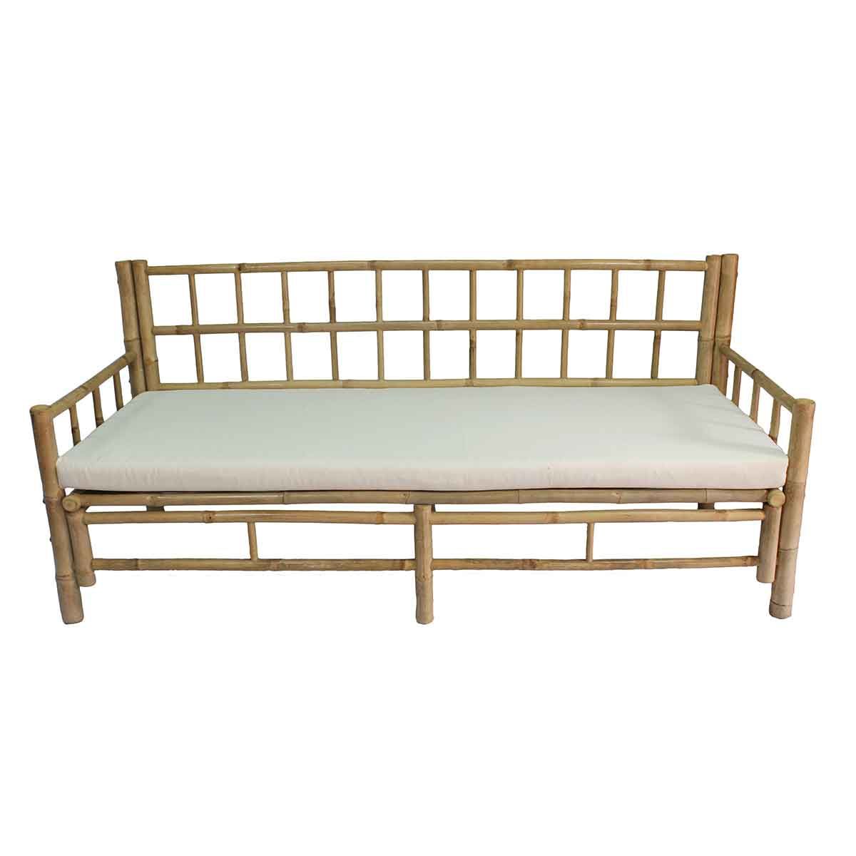 Cannes - Banc de jardin en bambou naturel avec coussin écru en toile de coton
