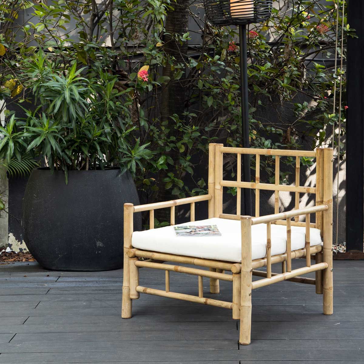 Cannes - Chaise de jardin en bambou naturel assortie d'un coussin en coton