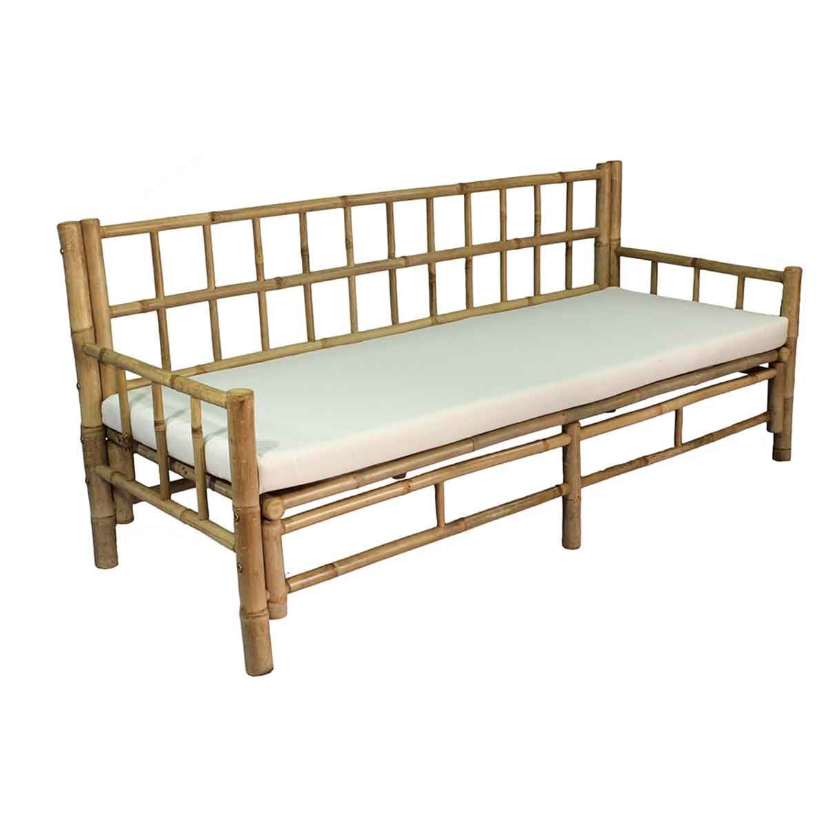 Cannes - Banc de jardin en bambou naturel avec coussin écru en toile de coton