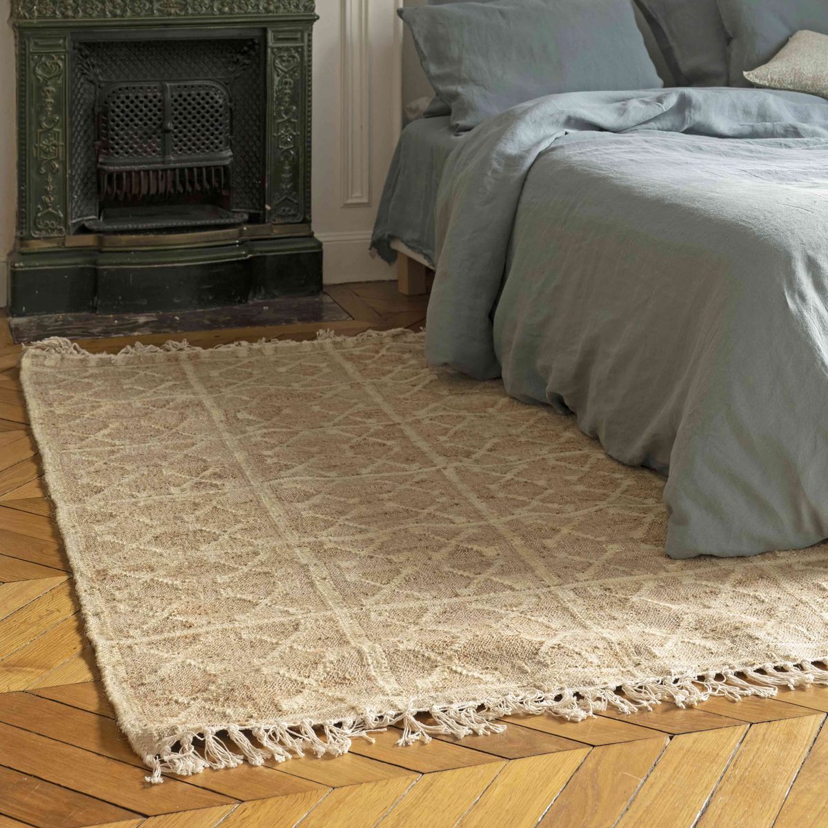 Tapis Rectangulaire en Jute et Coton Tressés à Motifs Croix Sable