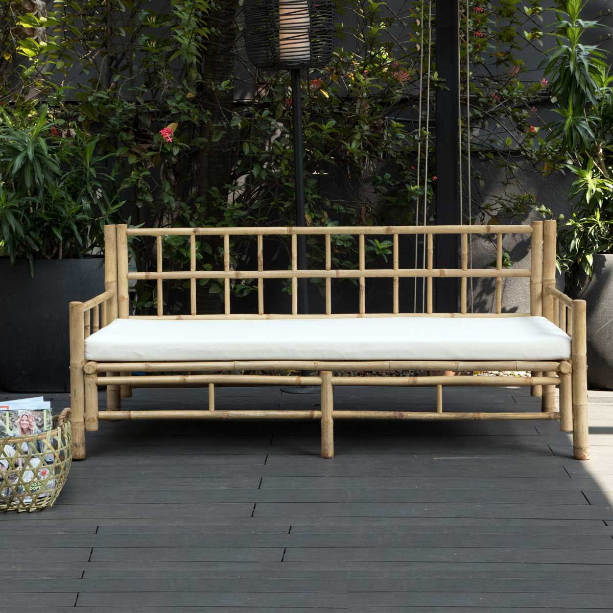 Cannes - Banc de jardin en bambou naturel avec coussin écru en toile de coton