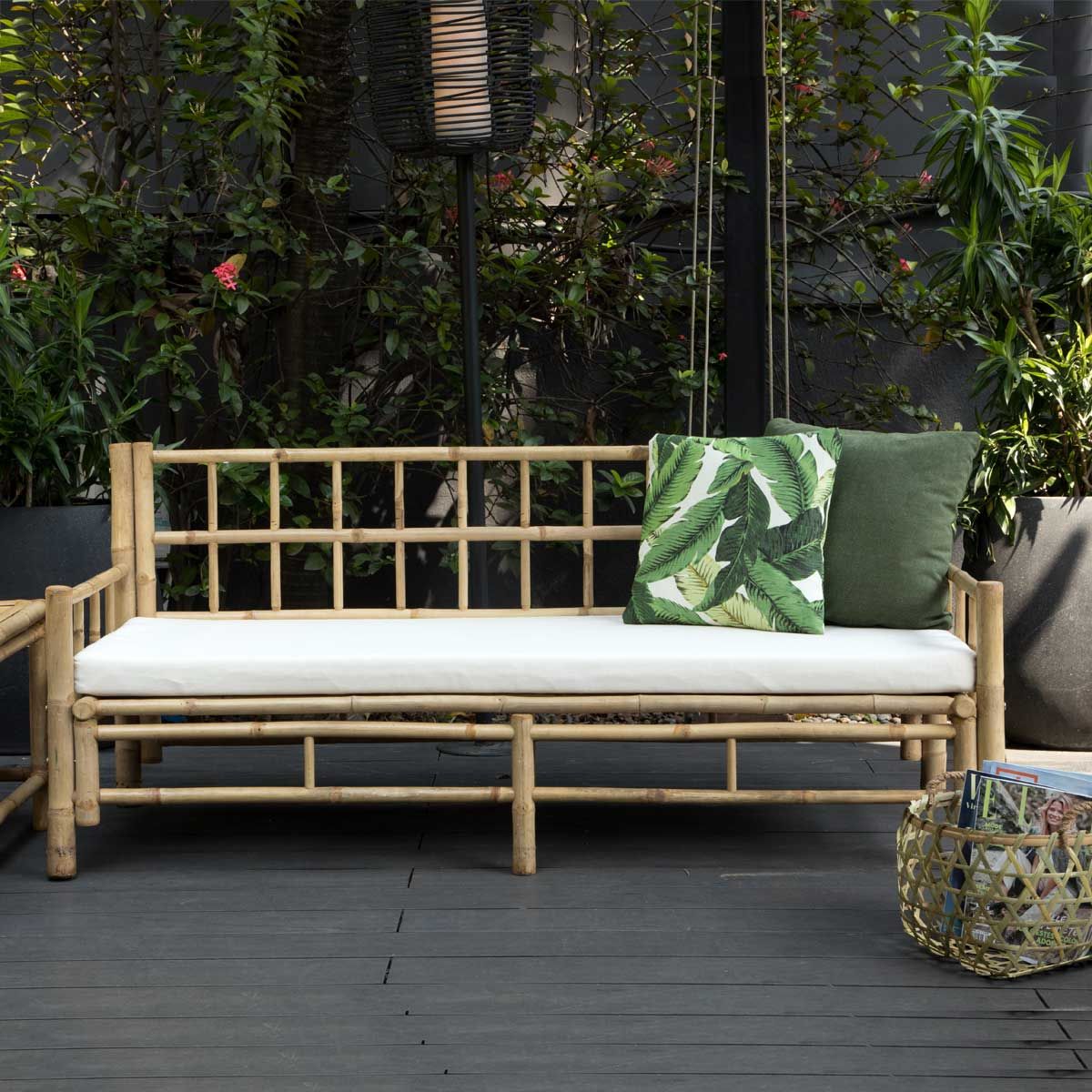 Cannes - Banc de jardin en bambou naturel avec coussin écru en toile de coton